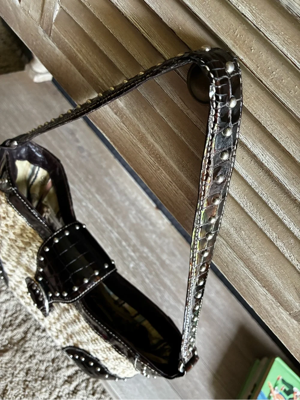 Vintage Brighton Woven Tan Straw Shoulder Bag With Paten Leather Croc Embossed